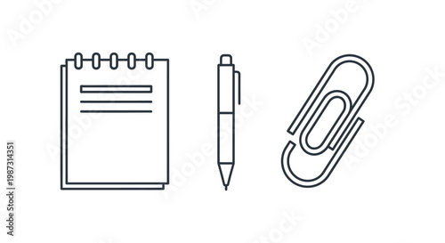 Notebook Pen and Paperclip Icons Simple Line Art Office Supplies