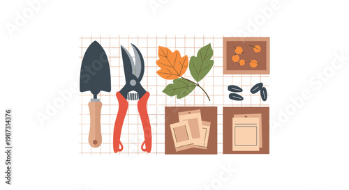 A meticulous arrangement of essential gardening tools such as a hand trowel and pruning shears is displayed alongside seed packets and autumn leaves.