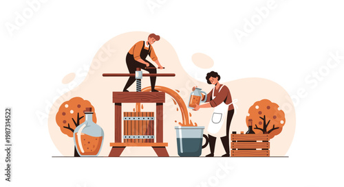 Two diligent workers operate a traditional wooden fruit press to extract fresh juice into a large blue bucket within a warm autumnal outdoor setting.