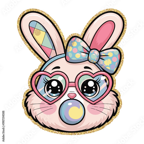 A cute cartoon bunny wearing heart shaped glasses blowing a bubble gum