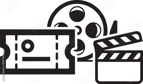 cinema, film, movie icons, clapperboard, ticket, black and white