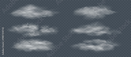 Smoke overlay set with white fog clouds, soft mist, drifting vapor and transparent png background. Screen mode design and dark backdrop effects with smoke overlay, vector illustration.