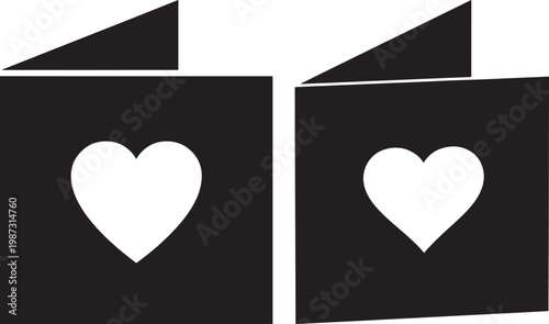 Two black cards with white hearts one slightly ajar graphic design isolated object flat design graphic element greeting card invitation silhouette isolated minimalist valentine anniversary