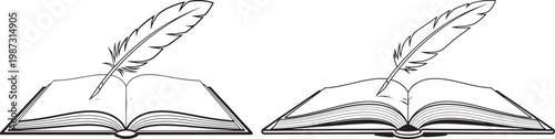 Two open books with quill pens black and white open book literature knowledge education learning information illustration handwritten manuscript minimalist isolated research dictionary