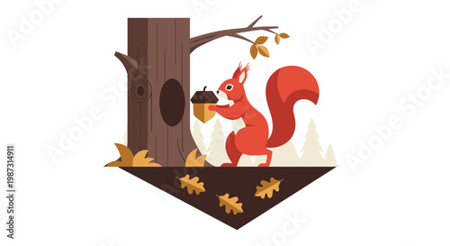 A vibrant red squirrel stands alertly on its hind legs while clutching a large brown acorn next to a weathered tree trunk in a peaceful autumn forest.
