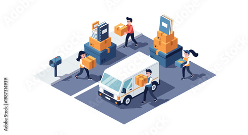 Multiple industrious workers carry various cardboard boxes from a suburban sidewalk toward a parked white delivery van in a clean isometric illustration.