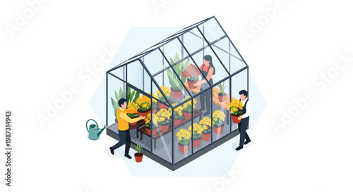 Three dedicated gardeners work inside a transparent glass greenhouse tending to rows of vibrant yellow potted flowers arranged neatly on wooden shelves.