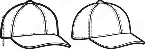 Two baseball caps one slightly tilted baseball cap sun protection sports equipment black and white worn out headwear accessory clothing baseball illustration minimalist isolated branding
