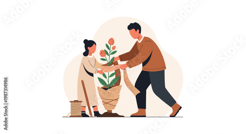 A dedicated man and young girl meticulously wrap a blooming potted plant with textured burlap and sturdy twine in a serene and minimalist garden setting.