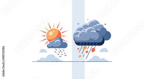A comparative weather illustration features a bright orange sun behind a light cloud alongside a heavy dark rain cloud shedding vibrant falling autumn leaves.