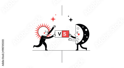 Anthropomorphic sun and moon characters engage in a playful competition while holding a versus sign against a vertical measurement scale in a minimalist style.