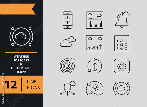 Weather Forecast and UI Elements Outline Icon Collection Set