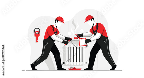 Two professional technicians wearing red caps and black overalls meticulously perform maintenance on a steaming white radiator using specialized tools.