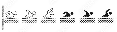 Swimming Style Pictogram Series: A set of stylized pictograms illustrating various stages of the front crawl swimming stroke. The minimalist design clearly conveys the essence of motion and technique.