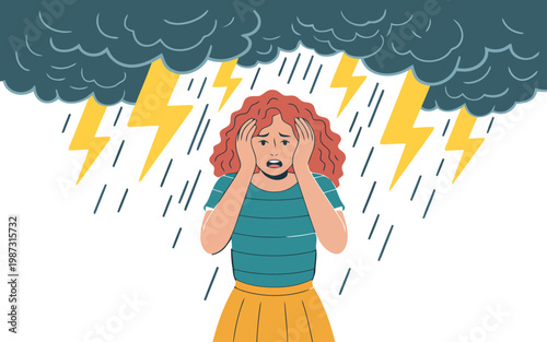 Frightened woman overwhelmed by a stormy rainy and electrically charged sky