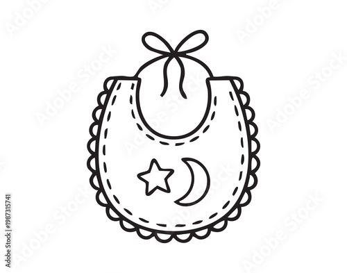 Cute baby bib with moon star motifs for feeding time new parent preparing nursery, soft embroidered cotton, snap closure, scalloped edging, washable fabric and gentle pastel palette for baby shower