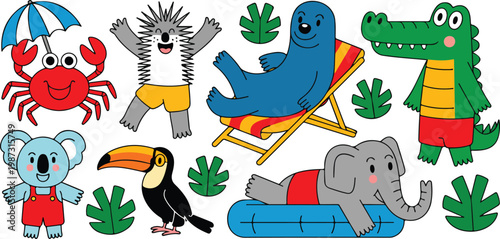Cute Summer Animal Vector Illustration Set Featuring Cartoon Crab Koala Toucan Elephant Crocodile Seal and Porcupine Characters on Beach Vacation.