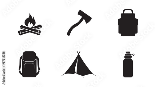 Camping equipment silhouette icons