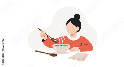 A young woman with dark hair tied in a neat bun sits at a simple wooden table while enjoying a warm bowl of steaming red vegetable soup in a quiet room.