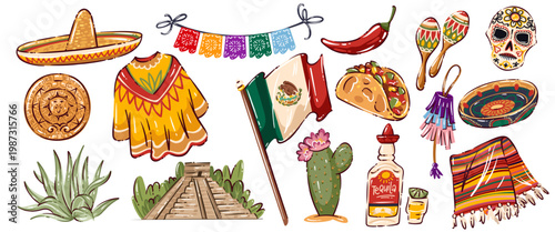 Travel to Mexico symbols set with sombrero, flag, taco, cactus, tequila, poncho and folk decor. Colorful travel to Mexico collection in drawn simple modern style, vector illustration