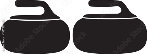 Two curling stones with sporting goods black and white winter sport competition equipment recreation athletic illustration monochrome isolated activity challenge