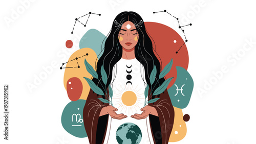 Mystical woman with celestial wisdom cradles the sun and earth, surrounded by abstract cosmic shapes, constellations, and zodiac signs.