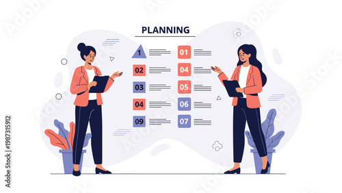 Professional businesswomen discuss a detailed "PLANNING" board, effectively strategizing and organizing tasks for successful project management.