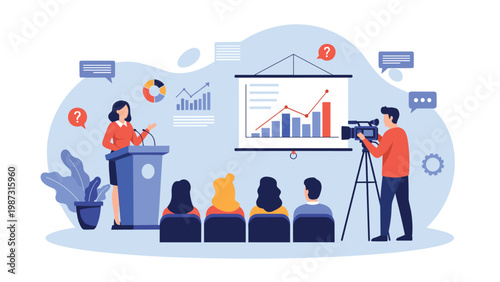 Professional woman confidently delivers a dynamic business presentation with charts and graphs to an engaged audience, while a cameraman records.