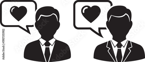 Two men in suits with speech bubbles containing hearts speech bubble black and white business conversation agreement communication networking connection relationship positive feedback