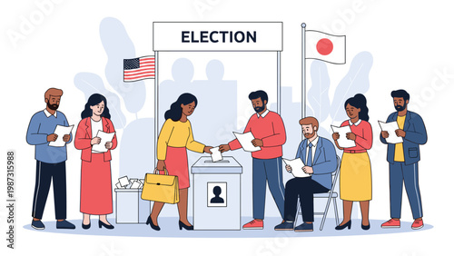 Diverse group of citizens actively participates in an election, casting their votes at a polling station, symbolizing the democratic process.