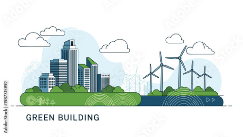 Modern city skyline harmoniously merges with a sustainable landscape featuring towering wind turbines and green energy infrastructure.