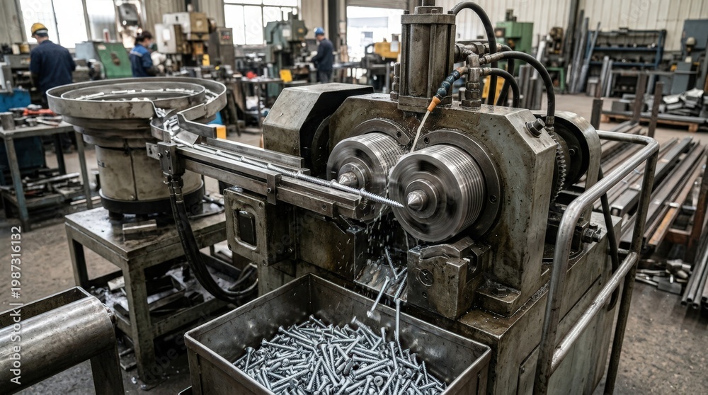Obraz premium Industrial medium shot capturing selftapping screws gaining durable threads via rolling dies highlighting the automation and efficiency of the manufacturing process.