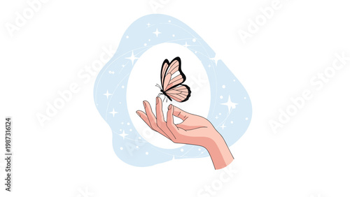 Delicate butterfly gracefully lands on an outstretched human hand, surrounded by a serene aura of sparkling stars and abstract shapes.