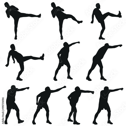 Silhouette of man training boxing, striking a blow. Icons of boy doing fighting fitness exercises isolated on white background.