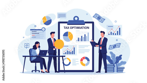 Dedicated business professionals collaborate around a large clipboard titled "TAX OPTIMIZATION", surrounded by financial charts, money, and important documents.