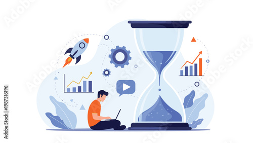 Focused man works on a laptop beside a giant hourglass, surrounded by rockets and charts, symbolizing efficient time management and rapid growth.