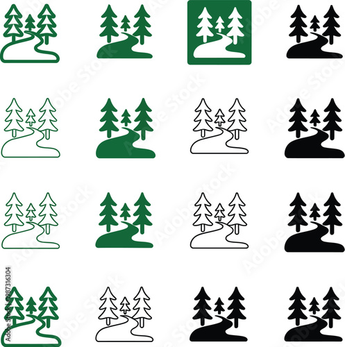 Forest path icons nature trail symbols with evergreen trees representing outdoor hiking navigation eco tourism woodland exploration and environmental conservation themed