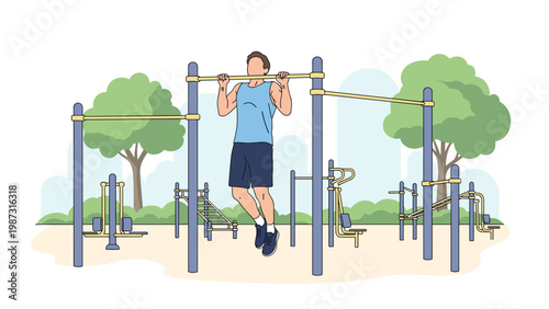Athletic man performs pull-ups on an outdoor calisthenics gym structure, showcasing fitness and strength in a park setting.