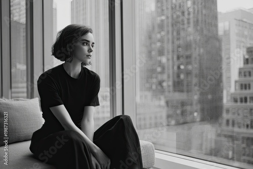 Woman in black, seated by large window, looking thoughtfully outward Free Download Woman in black, seated by large window, looking thoughtfully outward - GFXLoad