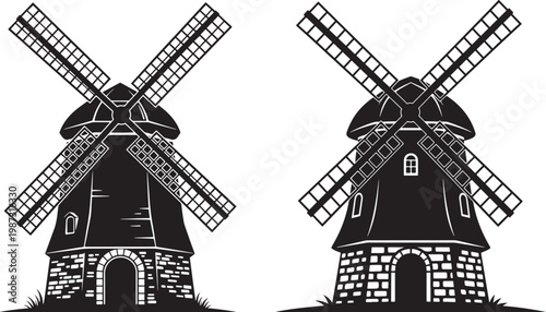 Two silhouette windmills with stone bases and wooden blades black and white windmill silhouette building architecture industry agriculture countryside traditional historic illustration