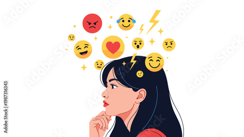 Woman's profile with various emoji icons floating around her head, vividly representing her thoughts, diverse emotions, and changing moods.