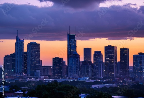 Beautiful purple twilight sky and modern city skyline