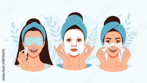 Woman showcases three different stages of her beauty routine: eye mask, sheet mask application, and effective use of nose strips.