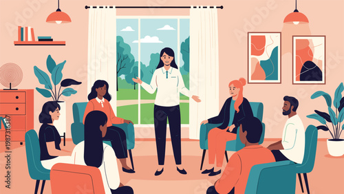 Compassionate therapist facilitates a group therapy session in a comfortable room, guiding diverse participants seated in a supportive circle.
