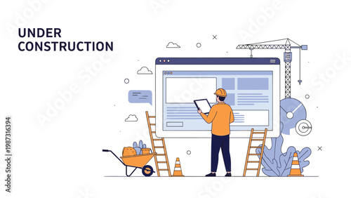 Construction worker inspects a website interface on a tablet, symbolizing a digital project "UNDER CONSTRUCTION" or website maintenance.