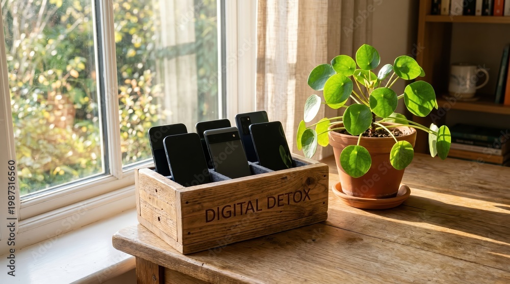Fototapeta premium Digital Detox Wooden Charging Station with Phones