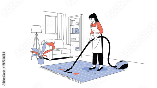 Diligent woman efficiently vacuums a rug in a modern living room, representing household chores and effective home cleaning.