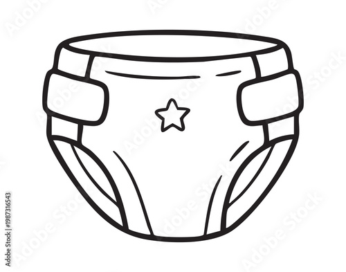 White baby diaper with star outline, minimalist line art of soft absorbent disposable diaper showing elastic waistbands and leg cuffs, genderneutral star print, nursery icon vibe suitable for product