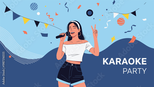 Joyful woman sings enthusiastically into a microphone, making a peace sign, surrounded by falling confetti and "KARAOKE PARTY" text.