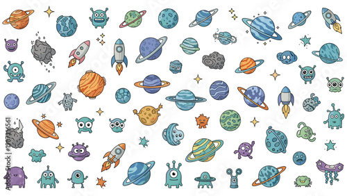 Adorable cartoon alien characters, colorful planets, and space rockets populate a fun, imaginative universe with scattered stars and asteroids, perfect for children's designs.